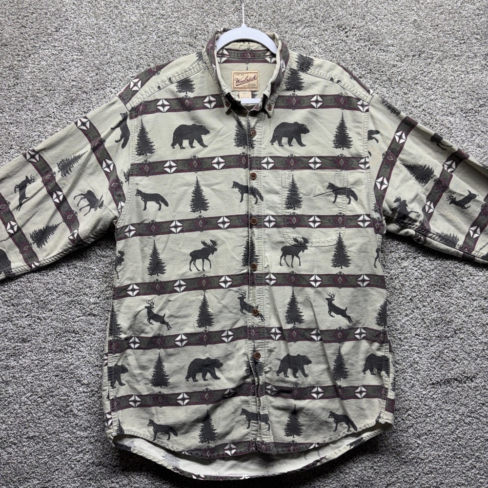 Woolrich Shirt Mens Large Beige Wildlife Bear Deer Trees Long Sleeve Button Down